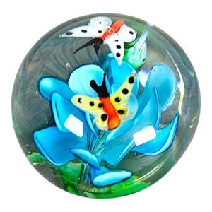 Vintage Handcrafted Glass Paperweight Blue Flower Colorful Butterflies 2.5"